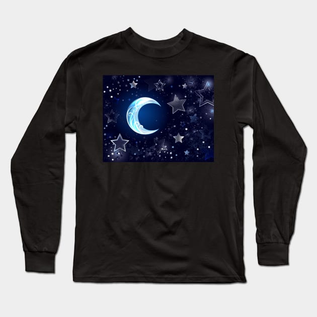 Background with a blue moon and stars Long Sleeve T-Shirt by Blackmoon9